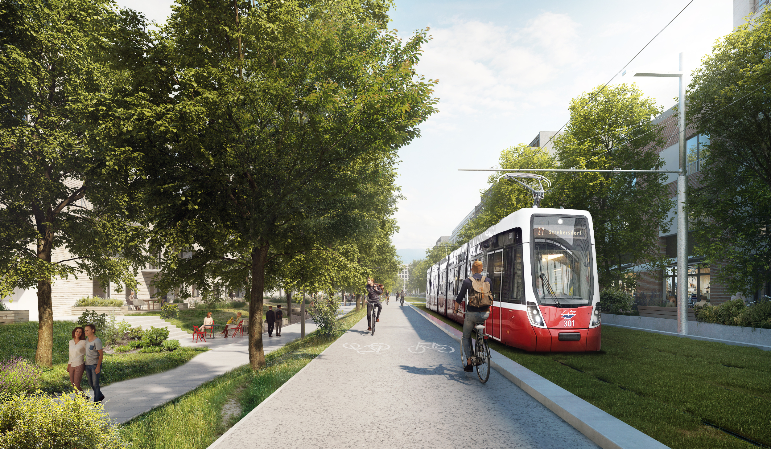 Visualisierung der begrünten Hirschstettner Hauptallee mit Straßenbahn, Radfahrern und Zu Fuß Gehenden